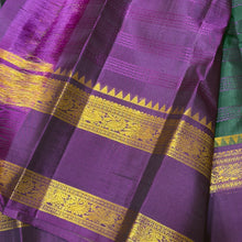 Vaibhogam-Stunning Bottle Green with Purple Handwoven Pure Jari Korvai Kanjivaram Silk with pattu veldhari strips woven beautiful body with rich rettapet borders gorgeous pallu and contrast woven blouse