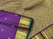 Deep Purple with Coffee Brown Buttas Handwoven Pure Jari Kanjivaram Silk Saree with beautiful buttas with green selvedges rich pallu and contrast woven blouse