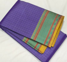 Saraswati- Beautiful Lavendar with Green and Yellow Handwoven Premium Zariless Kanjivaram Silk with Muthukattam Self Checked body with beautiful borders rich pallu and contrast jacquard woven beautiful blouse