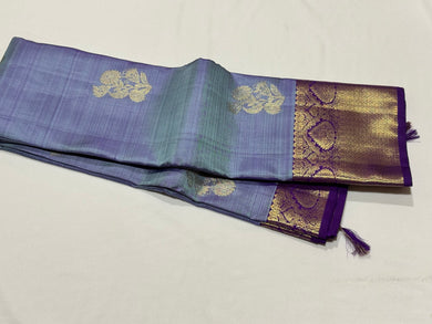 Lavenderish Blue with Purple Buttas with Long & Short Borders Handwoven Pure Jari Kanjivaram Silk Saree Beauty
