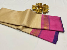 Ivory Creamish White with Rose Pink Striped Handwoven Pure Jari Korvai Kanjivaram Silk Saree Beauty
