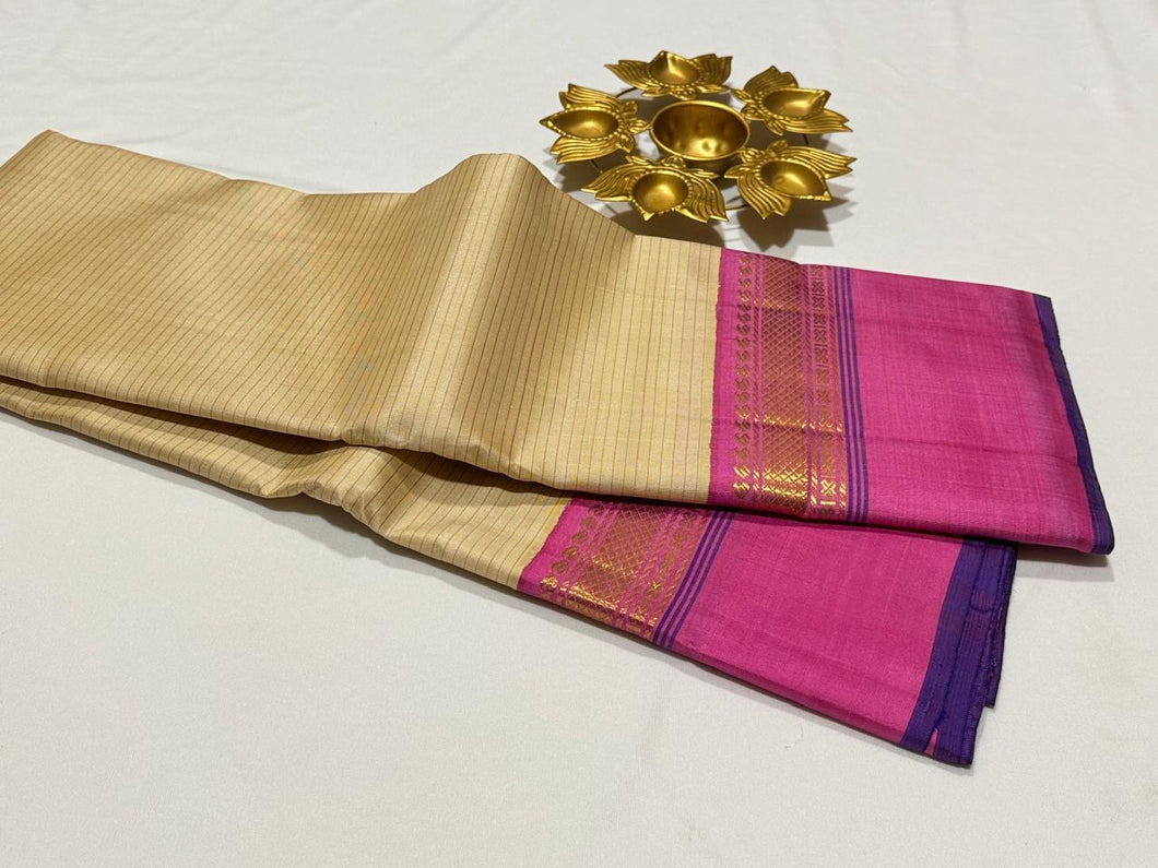 Ivory Creamish White with Rose Pink Striped Handwoven Pure Jari Korvai Kanjivaram Silk Saree Beauty