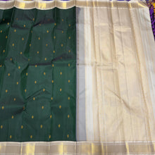 Bottle Green with offwhite Buttas Handwoven Pure Jari Korvai Kanjivaram Silk Saree Beauty