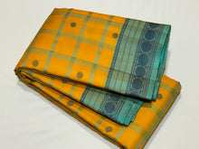 Gorgeous Golden Mustard with Turquoise Blue and Peacock Blue Handwoven Pure Zariless 1000 buttas style woven beautiful Kanjivaram Silk with rich borders pallu and contrast woven blouse