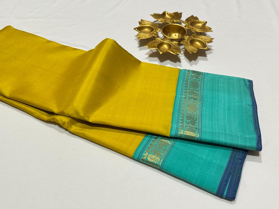Lemon Sampanga with Turquoise Handwoven Pure Jari Korvai Kanjivaram Silk Saree Beauty