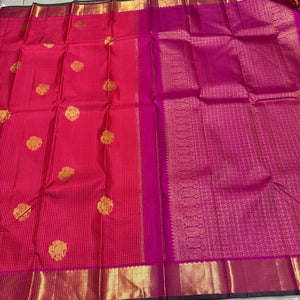 Orange with Rani Pink kasakasa Muthukattam with elephant motifs woven body with rich borders Pallu Handwoven Pure Jari Kanjivaram Silk Saree Beauty