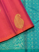 Saranga- Gorgeous Dual tone Orange With Turquoise Green Borderless Handwoven Pure Jari Kanjivaram Silk with Muthukattam woven body with beautiful paisley motifs rich 1000 buttas style woven pallu and contrast woven blouse