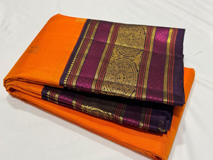 Orange with Deep Beetlenut Purple Handwoven Pure Jari Korvai with Buttas Kanjivaram Silk Saree with Meenakari Borders rich pallu beauty