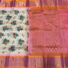 Offwhite with Peachish Orange Korvai with Handpinchwai Block Printed Kanjivaram Silkcotton Beauty