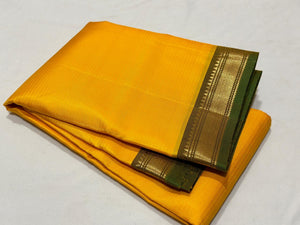 Yellow with Mehendi Green Handwoven Pure Kanjivaram Light Weight Silk Saree Beauty Striped body