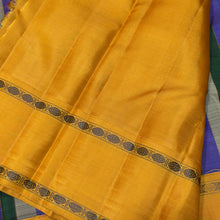 Saraswati- Gorgeous Lavendar Green and Grey with Golden Mustard Handwoven Premium Zariless Korvai Kanjivaram Silk with beautiful panel patterned body with rettapet rudrakshas woven borders rich seer pallu and contrast woven blouse