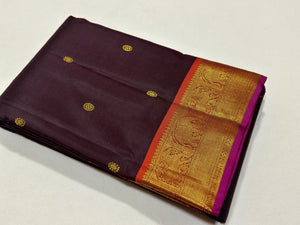 Beetlenut Brown with Rustic Orange Buttas Handwoven Pure Kanjivaram Silk Saree Beauty