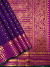 Sahana- Gorgeous Deep Purple with Deep Magenta Pink Handwoven Pure Jari Kanjivaram Silk with beautiful Jari Veldhari body with rich borders pallu and contrast woven blouse