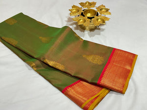 Vintage Combination- Manthulir Green with Red with Chariot Buttas Handwoven Pure Jari Kanjivaram Silk Saree Beauty
