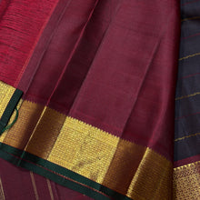 Sahana- Gorgeous Coffee Brown with Maroonish Brown Handwoven Pure 2g Jari Kanjivaram Silk with Neli Veldhari woven beautiful body with rich borders with green selvedges beautiful seer pallu and contrast woven blouse