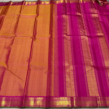 Nayaki- Gorgeous Double tone Orange Mustard with  Pink Handwoven Pure Jari Kanjivaram Silk with Small borders rich pallu and contrast woven beautiful blouse
