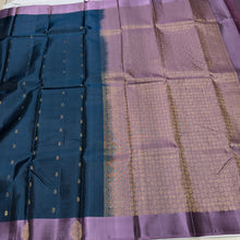 Nayaki- Rama Blue with Mauve Handwoven Pure Lightweight Classic Kanjivaram Silk with buttas woven body with contrast mauve colored borders rich pallu and contrast woven blouse