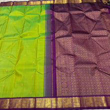 Vaibhogam-Beautiful Parrot Green with Deep Purple Handwoven Pure 2g Jari Korvai with Small Bird Buttas woven Kanjivaram Silk with rich borders gorgeous pallu and contrast woven blouse