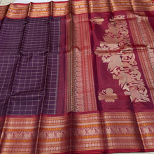 Saraswati- Gorgeous Coffee Brown  With Maroonish Red  Handwoven Premium Zariless Kanjivaram Silk with beautiful muthukattam silk checked body with gorgeous varisaipet borders rich sorgavaasal pallu and contrast woven blouse