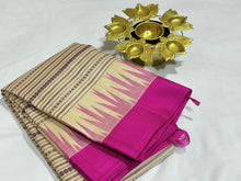 Offwhite with Pink Zariless Handwoven Pure Korvai Soft Kanjivaram Silk Saree with Veldhari Body Temple Borders  beauty