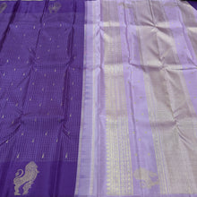 Saranga- Gorgeous Purple with Lavandar Handwoven Pure Twisted Gold & Silver Jari Borderless Kanjivaram Silk with buttas and checks woven beautiful body with simhayazhi borders rich pallu and contrast lavandar blouse