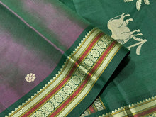 Dual tone green with purple with bottle green buttas and pichwai pallu Handwoven Pure Zariless Kanchipuram Silk Saree Beauty