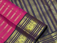 Vaibhogam -Gorgeous Tomato Pink with Deep Brown Handwoven Pure Jari Korvai Jari Veldhari Striped Body with rich varisaipet borders gorgeous pallu and contrast woven blouse