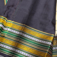 Saraswati- Offwhite with Deep Blackish Brown Handwoven Pure Premium Zariless Korvai Kanjivaram Silk with beautiful neli veldhari checked body with mango and chakram buttas with rich varisaipet borders rich pallu and contrast woven blouse