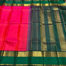 Vaibhogam-Stunning Tomato Pink with Bottle Green Handwoven Pure Jari Korvai Kanjivaram Silk with gorgeous borders rich pallu and contrast woven borders