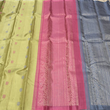 Saranga-Beautiful Elaichi Green with Onion Pink and Grey Double Pallu Handwoven Pure Kanjivaram Borderless Silk with Mayil Chakram thread buttas woven body with rich pallu and contrast grey color blouse