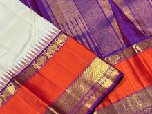 Ivory white with Purple and Orange Handwoven Pure Jari Korvai Kanjivaram Silk Saree with rich borders pallu and contrast woven blouse beauty