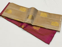Sahana- Gorgeous Half And Half Style Handwoven Pure Jari Kanjivaram Silk in Beige and Onion Pink combo with muthukattam self colored with peacock motifs woven beautiful body with rich onion pink pallu and contrast woven blouse