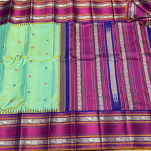 Pista Green with Navy Blue Buttas Korvai Handwoven Pure Zariless Kanjivaram Silk Saree Beauty with Long Borders
