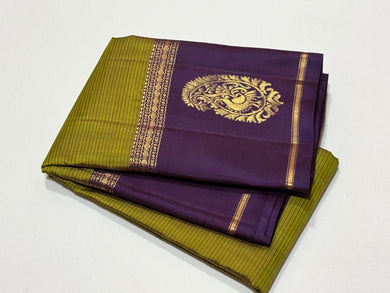 Olive Green with Dark Aubergine Purple Self Striped body with border paisley motifs Handwoven Pure Classic Simple Kanchipuram Silk Saree Beauty