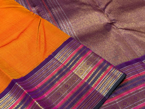 Orange with Deep Wine Korvai Handwoven Pure Jari Kanjivaram Silk Saree Meenakari Varisaipet Borders Beauty