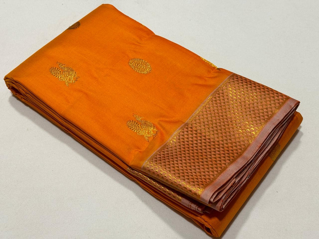 Orange with Lavender short Peach buttas with Araimadam Borders Handwoven Pure Jari Kanjivaram Silk Saree Beauty