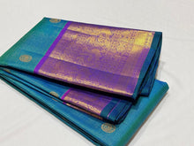 Peacock Blue Green with Purple Vairaoosi with Buttas Handwoven Pure Jari Kanjivaram Silk Saree Beauty with Long & Short Borders