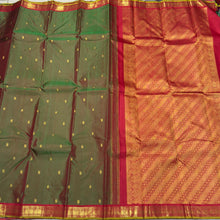 Manthulir Green with Red Buttas small borders Handwoven Pure Jari Kanjivaram Silk Saree Beauty