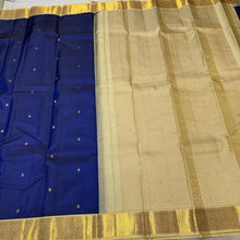 Deep Blue with Creamish White Buttas Korvai Handwoven Pure Kanjivaram Silk Saree with rich borders pallu and contrast woven blouse