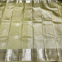 Pastel Green Tinted Cream with Silver Jari Buttas Handwoven Pure Kanjivaram Silk Saree with rich borders pallu and self colored blouse beauty