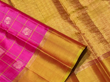 Rani Pink  with Golden Sampanga Checks with 1000 buttas style woven Handwoven Kanjivaram Silk Saree with classy plain borders rich pallu and contrast woven blouse beauty