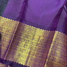 Vaibhogam -Mesmerizing Sandal with Purple Handwoven Pure Jari Korvai with Mayil and kuyil buttas Handwoven Kanjivaram with rich long and short borders beautiful pallu and contrast Purple Blouse