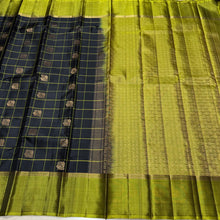 Black with Lime Green Handwoven Pure Kanjivaram Silk Saree woven in 1000 buttas style with rich pallu and contrast woven borders beauty