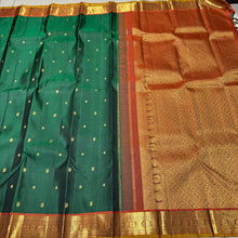 Emerald Green with Rust Buttas Handwoven Pure Jari Kanjivaram Silk Saree with rich borders pallu and contrast woven blouse beauty