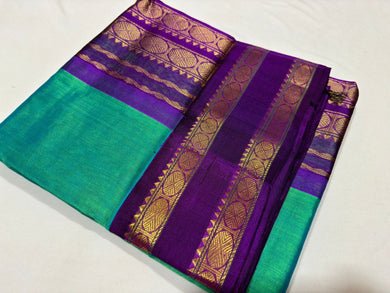 Teal Blue Purple Handwoven Pure Kanjivaram Korvai Silkcotton Beauty