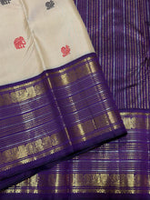 Vaibhogam- Stunning Sandal White with Purple Handwoven Pure Jari Korvai Kanjivaram Silk with thread buttas woven beautiful body with rich Borders gorgeous pallu and contrast aubergine blouse