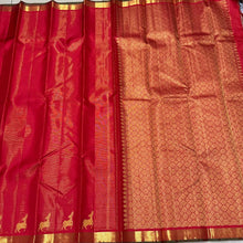 Red with Gold Vairaoosi With Deer Buttas woven Border Handwoven Pure Kanchipuram Silk Saree Beauty