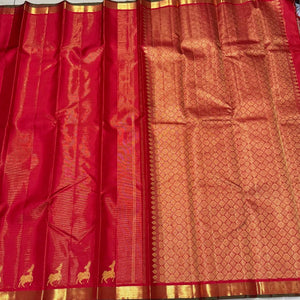 Red with Gold Vairaoosi With Deer Buttas woven Border Handwoven Pure Kanchipuram Silk Saree Beauty