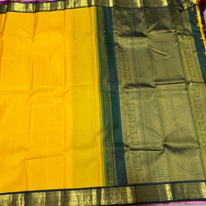 Yellow with Bottle Green Korvai Handwoven Pure Jari Kanjivaram Silk Saree Beauty