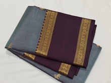 Sahana- Beautiful Smoky Grey with Deep Plum Handwoven Pure Jari Kanjivaram Silk with beautiful buttas woven body with doublepet borders rich tree of life pallu and contrast plum colored blouse